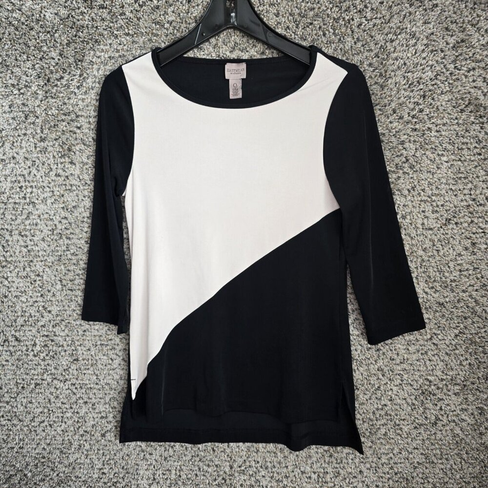 Chicos Easywear Top Womens 0 US Small‎ Beige Black Scoop Neck Blouse Ladies